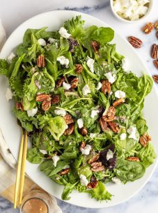 Green Salad with Goat Cheese, Maple-Glazed Pecans & Maple Dijon Vinaigrette with Striped Linen Napkin