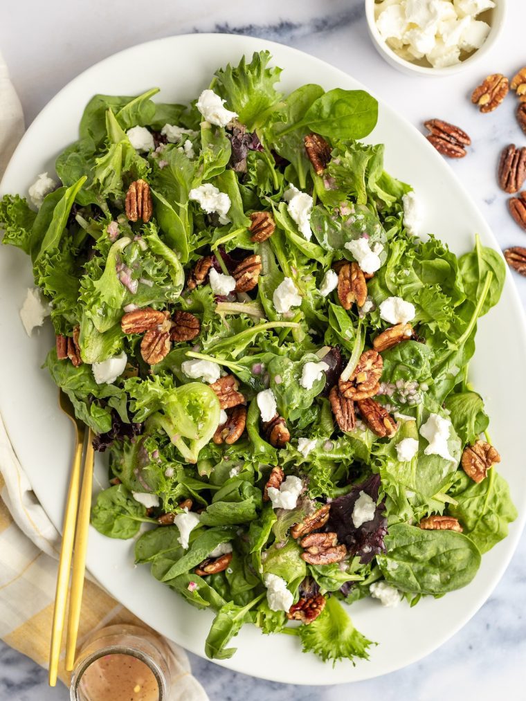 Green Salad with Goat Cheese, Maple-Glazed Pecans & Maple Dijon Vinaigrette with Striped Linen Napkin