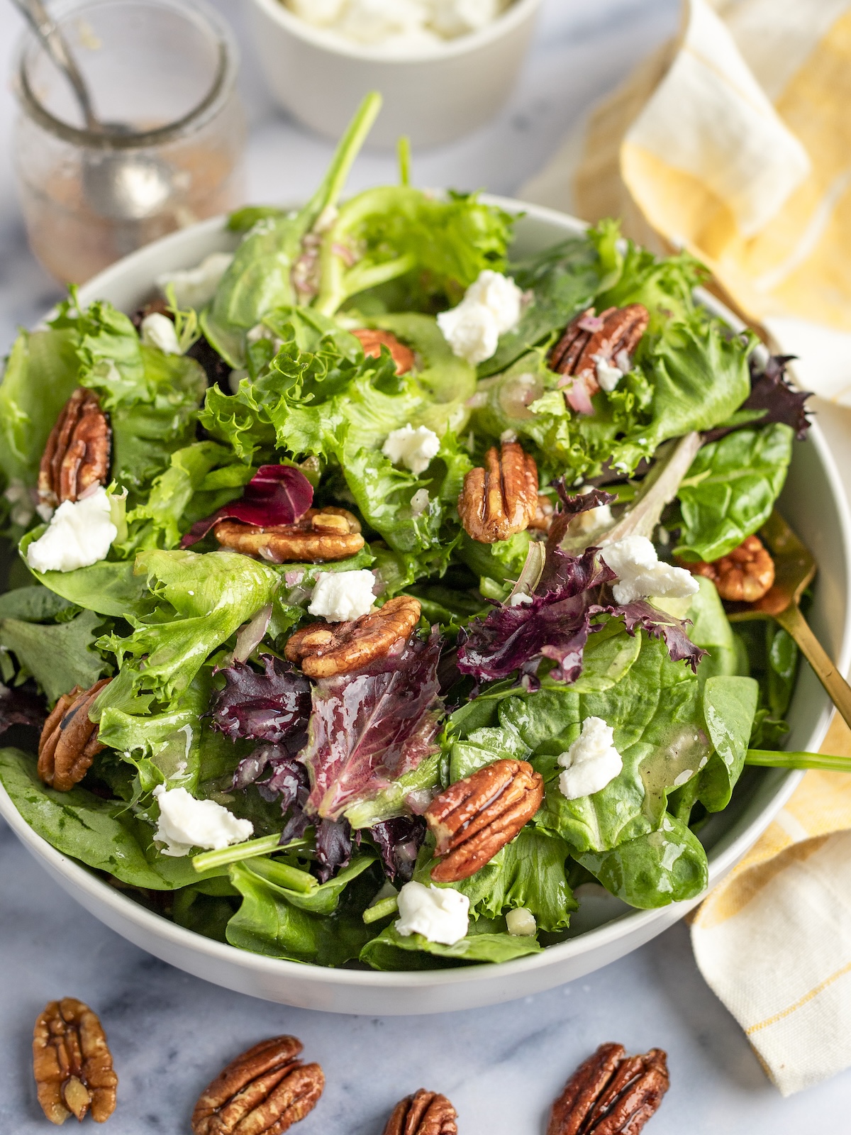 Green Salad with Goat Cheese, Maple-Glazed Pecans & Maple Dijon Vinaigrette with Striped Linen Napkin