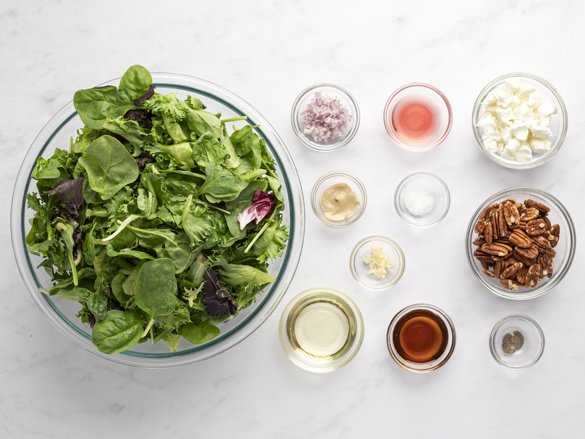 Green Salad with Goat Cheese, Maple-Glazed Pecans & Maple Dijon Vinaigrette with Striped Linen Napkin