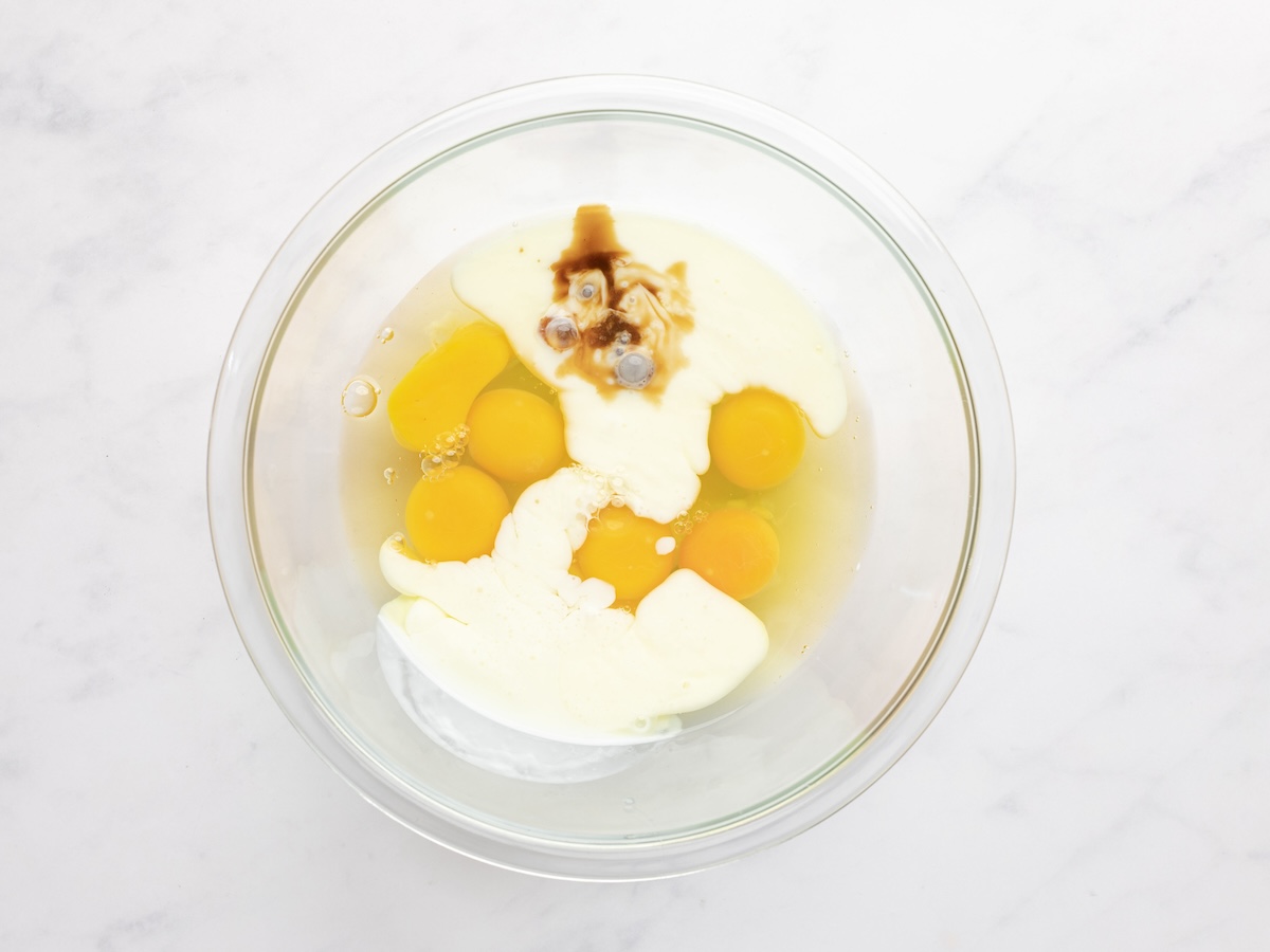 eggs, buttermilk and vanilla in mixing bowl