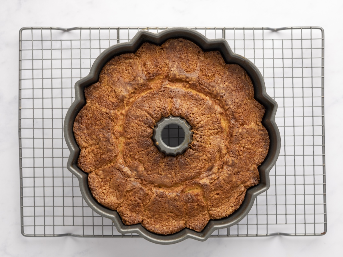 baked pound cake cooling on rack