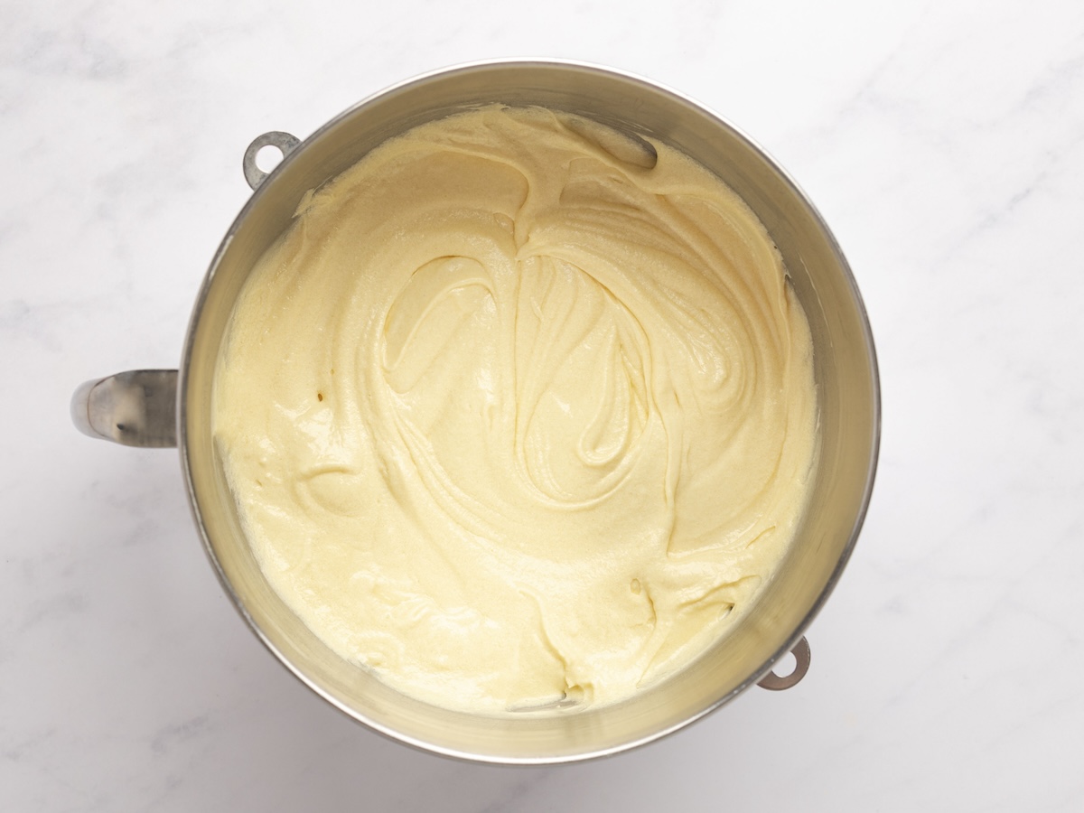 pound cake batter in mixing bowl