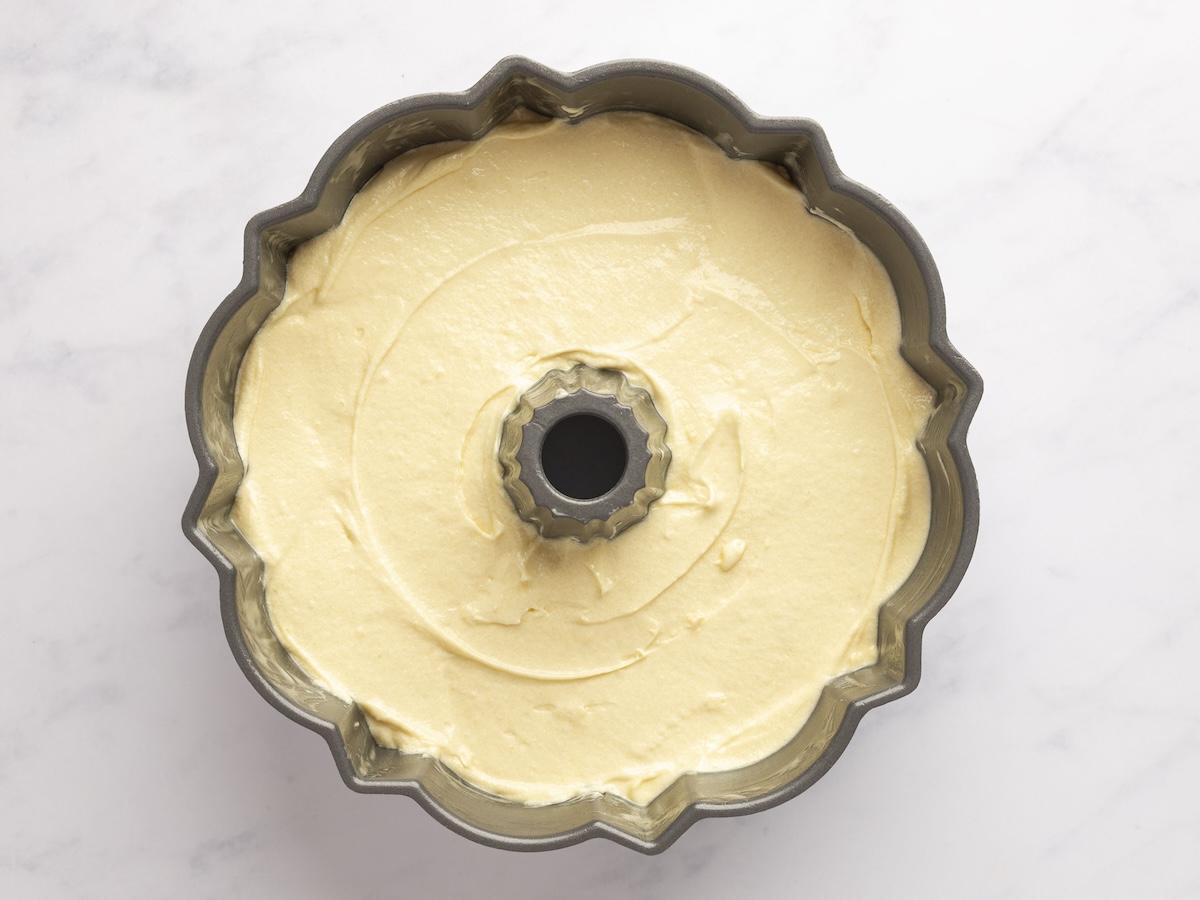 pound cake batter in Bundt pan