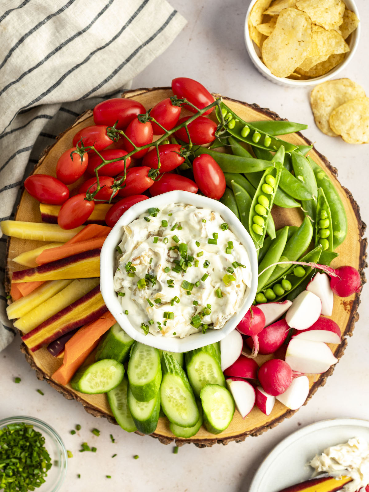 French onion dip with veggies and potato chips