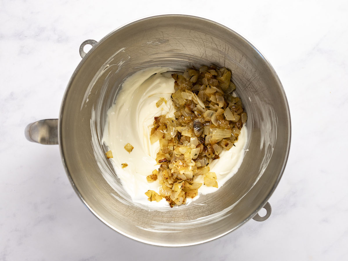 cooled onions added to bowl with cream cheese mixture