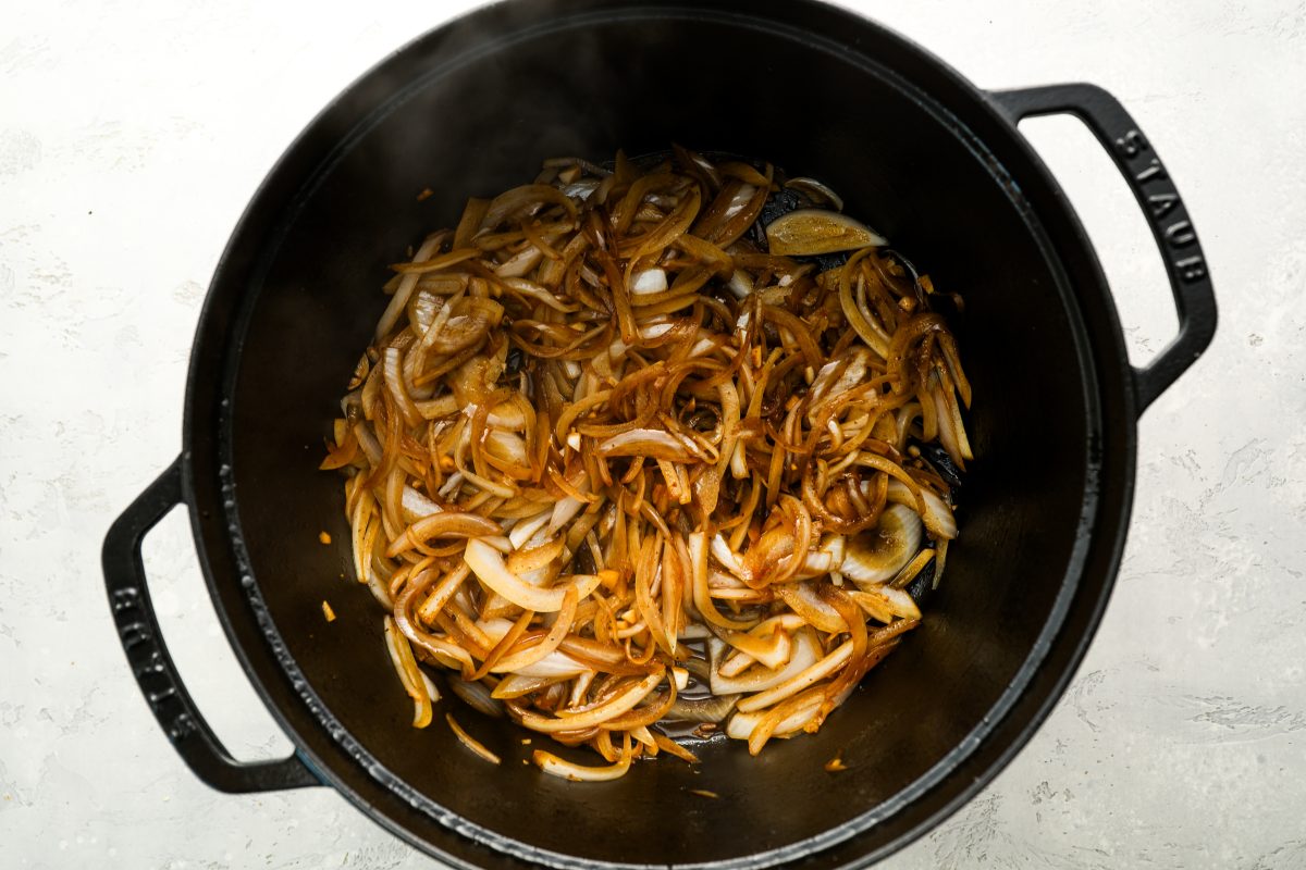 browned onions, garlic, and balsamic vinegar in dutch oven