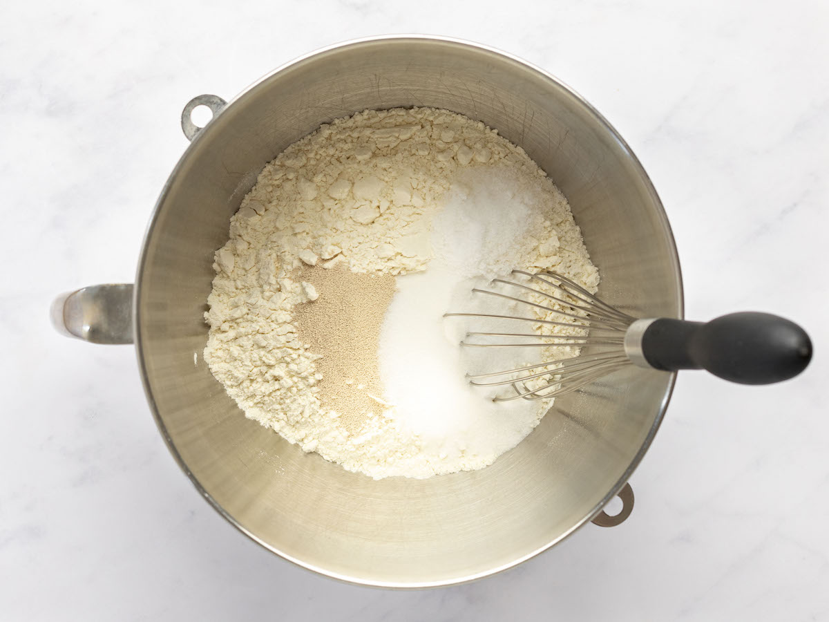 flour, yeast, sugar, and salt in mixing bowl