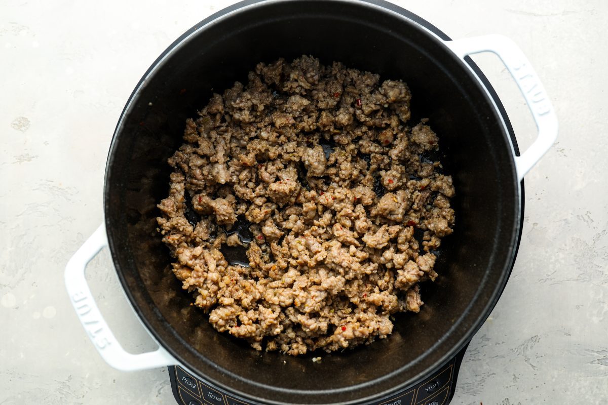 browned sausage in dutch oven