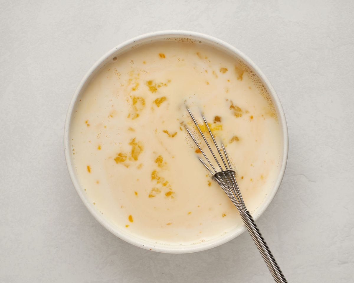 whisked liquid ingredients in bowl