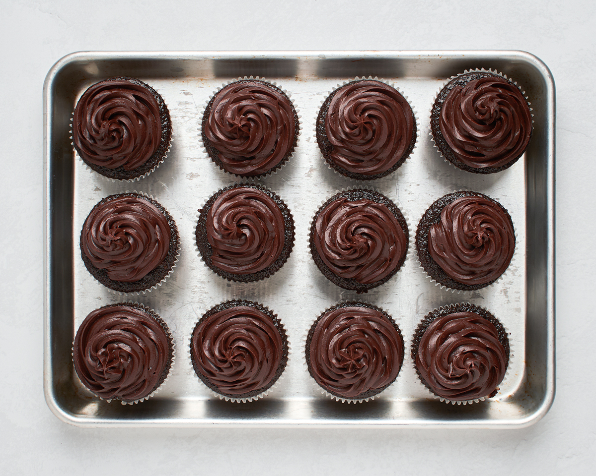 chocolate cupcakes on tray