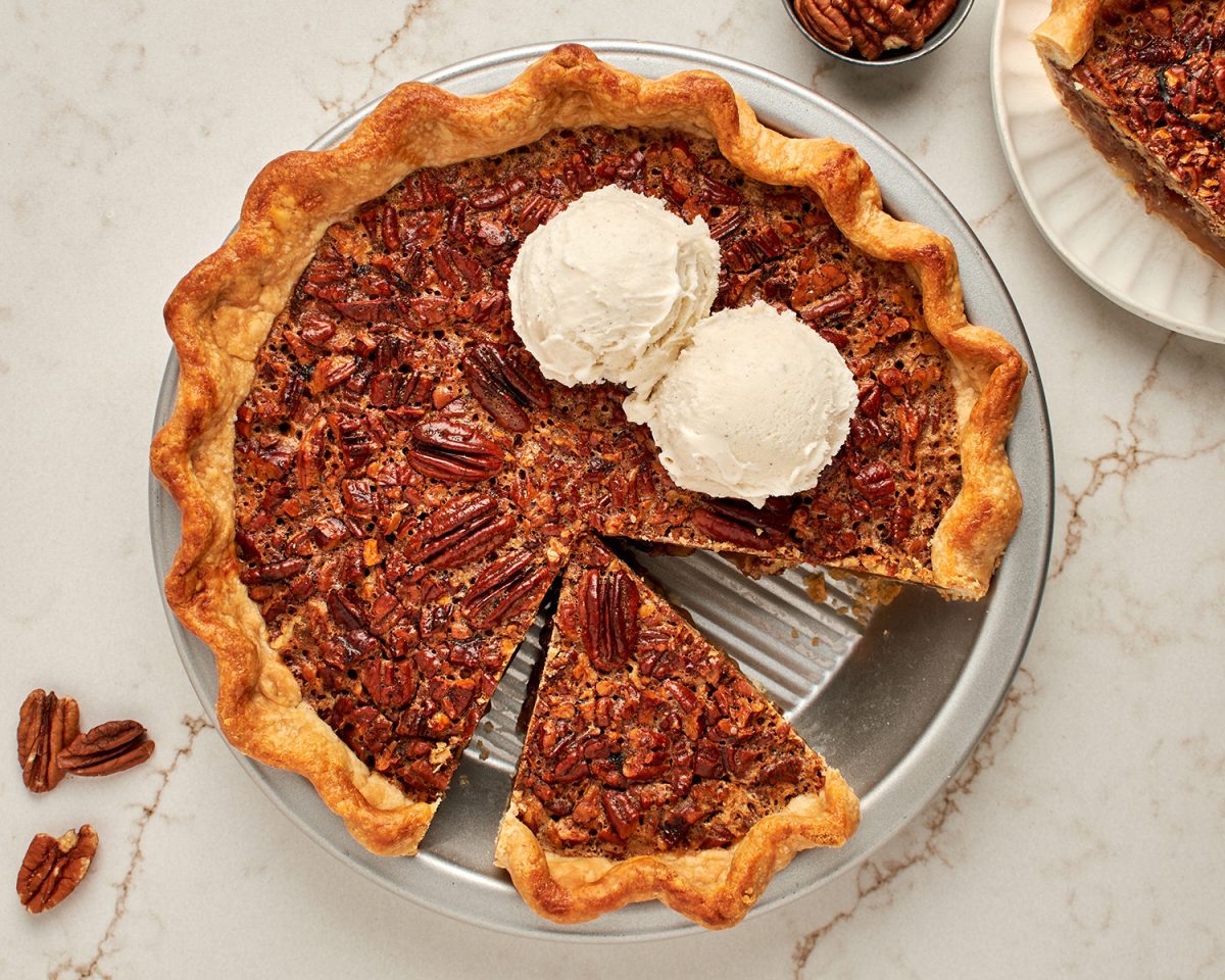 bourbon pecan pie with vanilla ice cream