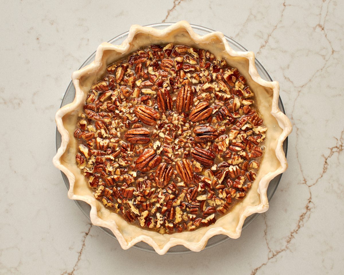 bourbon pecan pie ready to bake