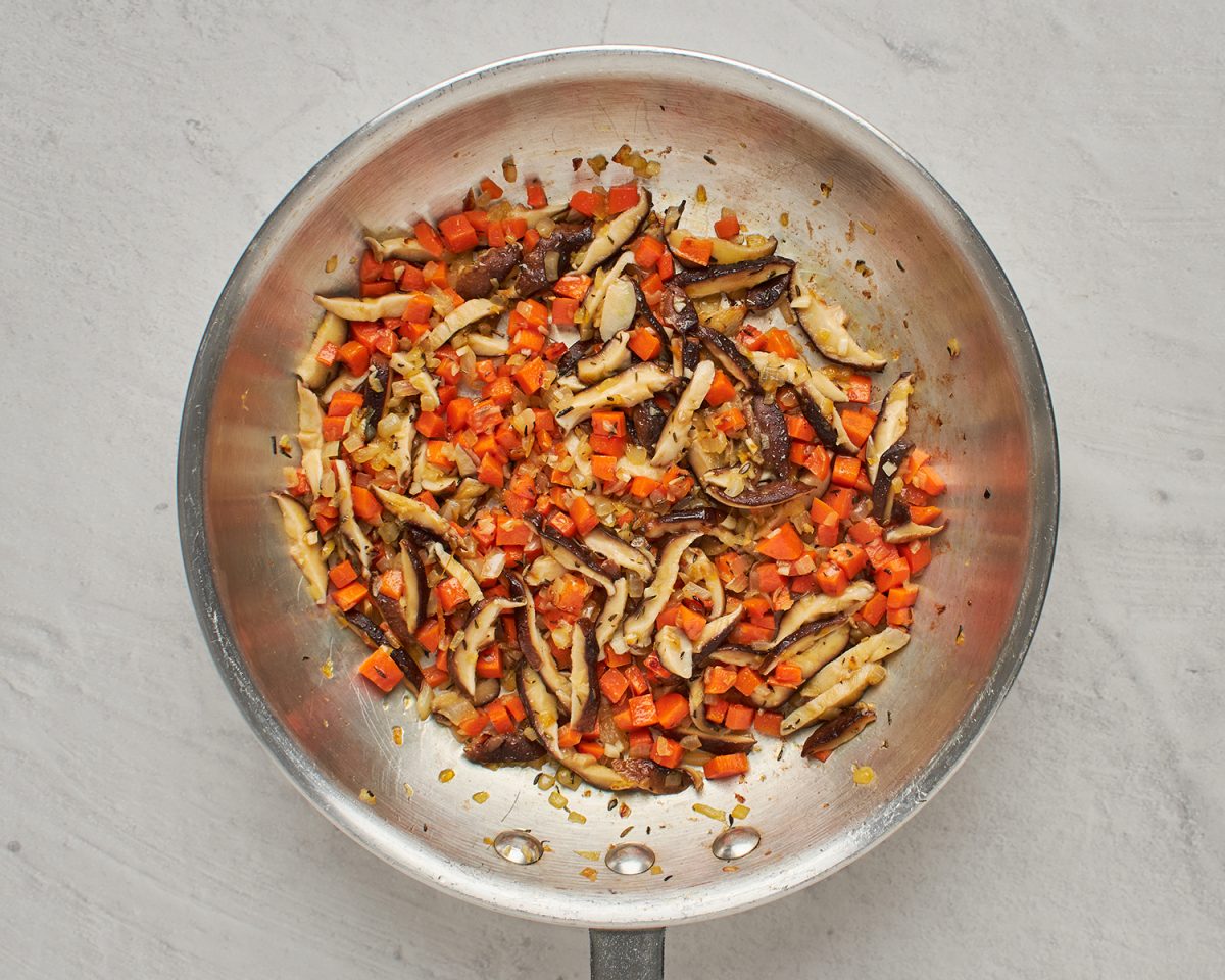 shiitake mushrooms with other veggies in skillet