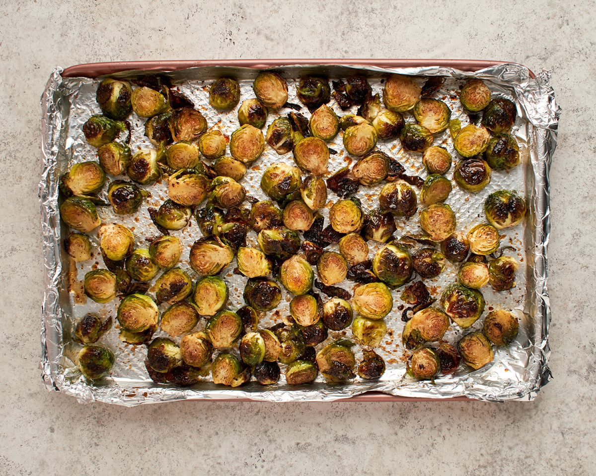 roasted Brussels sprouts on baking sheet