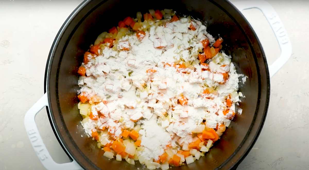 flour added to vegetables for Zuppa Toscana