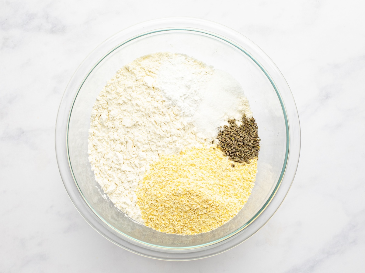 Dry ingredients for biscotti in mixing bowl.