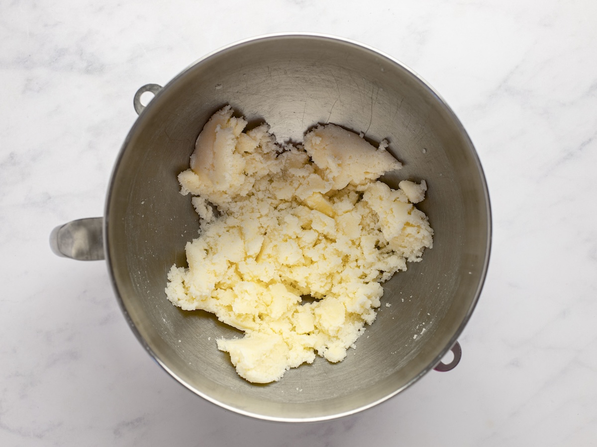 Creamed butter and sugar in mixing bowl.