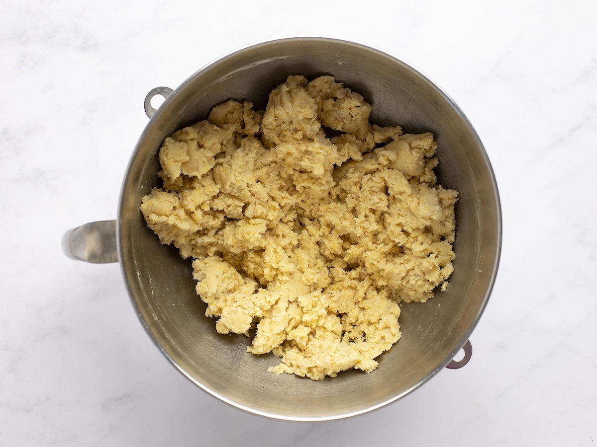 Biscotti dough in mixing bowl.