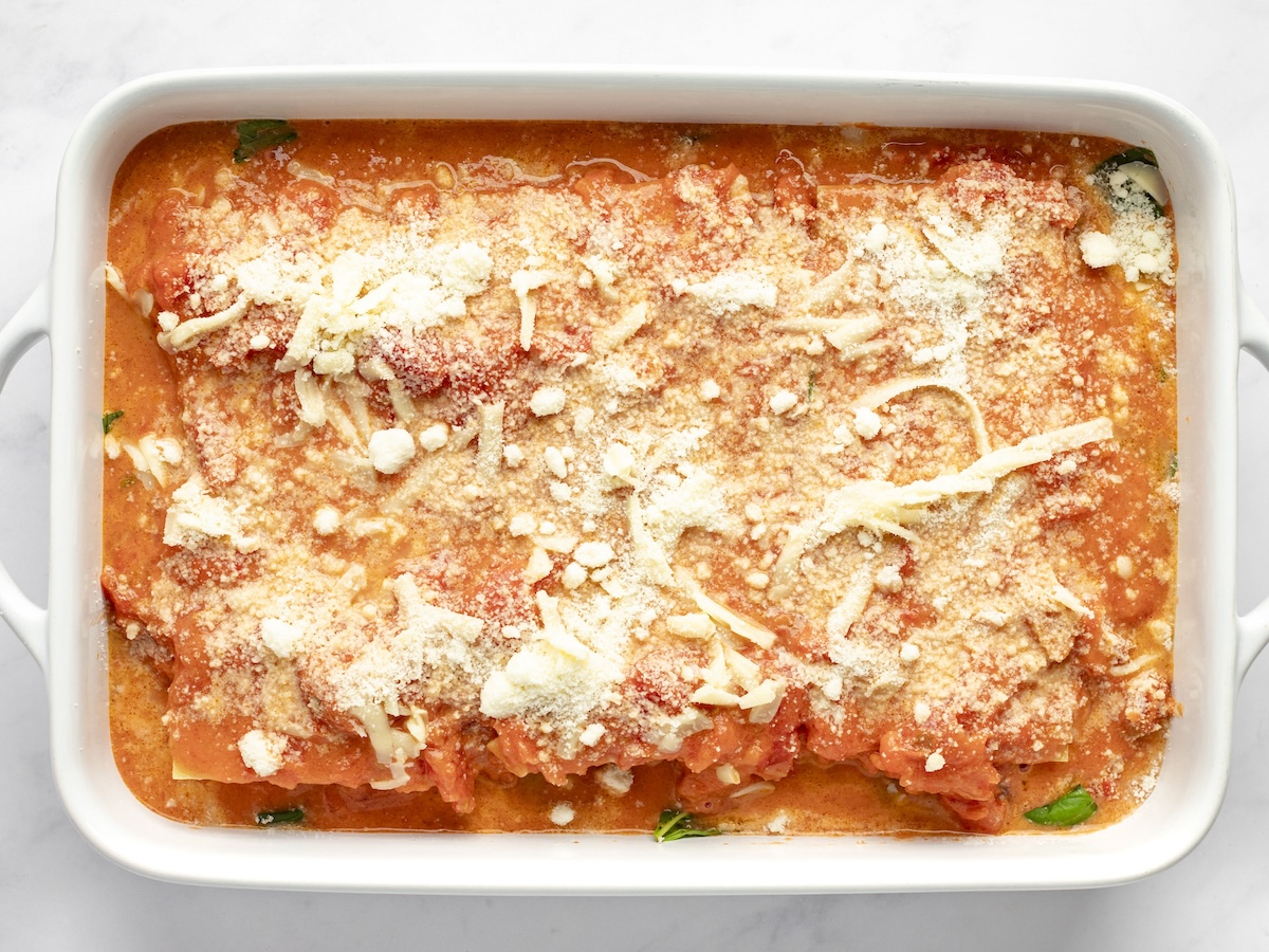 layered lasagna ready to bake.