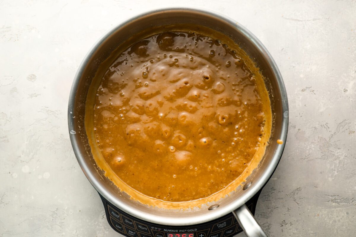 bubbling caramel mixture in pan.